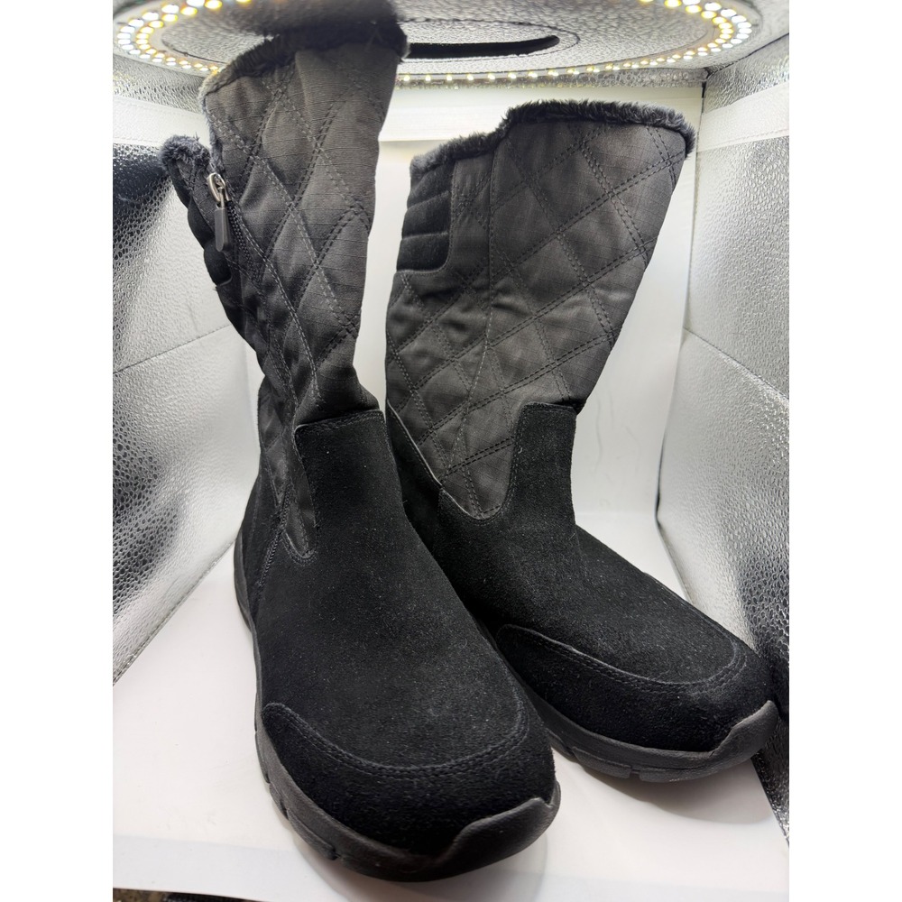Lands End Womens Black Quilted Suede Thermolite Faux Fur Winter Boots 512918